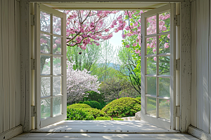 窗外的春色花草树木生机盎然摄影图
