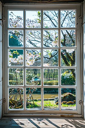 窗外的春色生机勃勃窗景摄影图