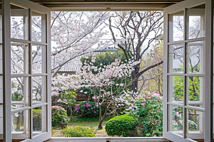 窗外的春色窗景室外摄影图