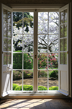 窗外的春色花园生机勃勃摄影图