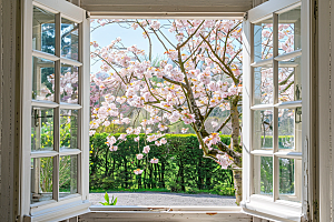 窗外的春色生机勃勃窗景摄影图