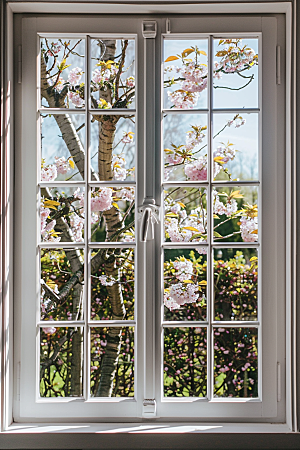 窗外的春色花园生机盎然摄影图