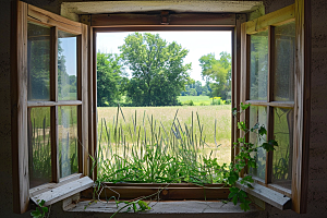 窗外的春色自然窗景摄影图