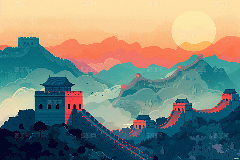 创意长城景点传统艺术插画