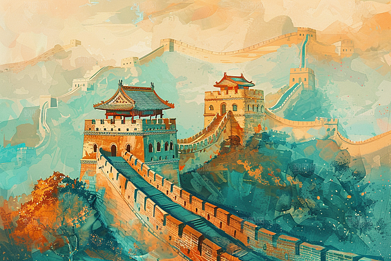 创意长城景点风光艺术插画