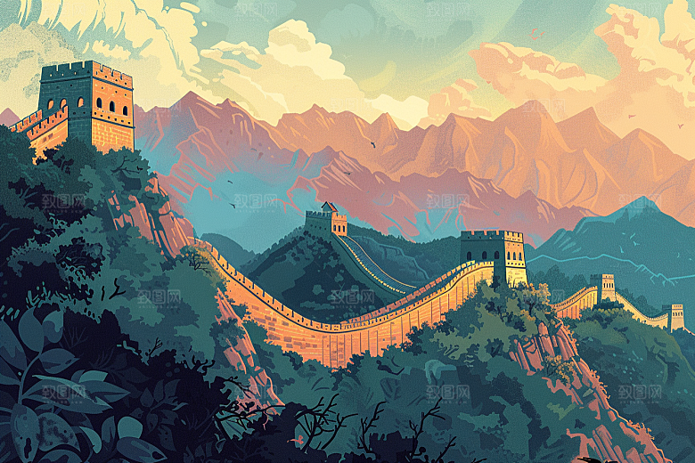 创意长城传统旅游艺术插画