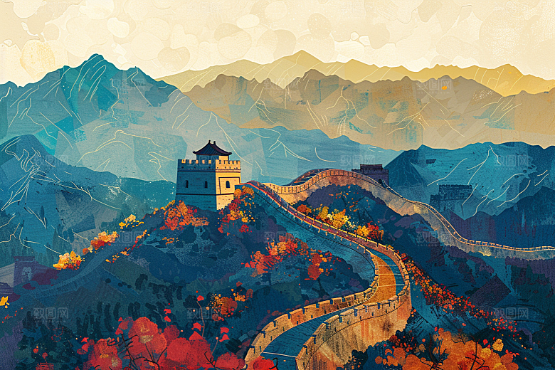 创意长城景点中国风艺术插画