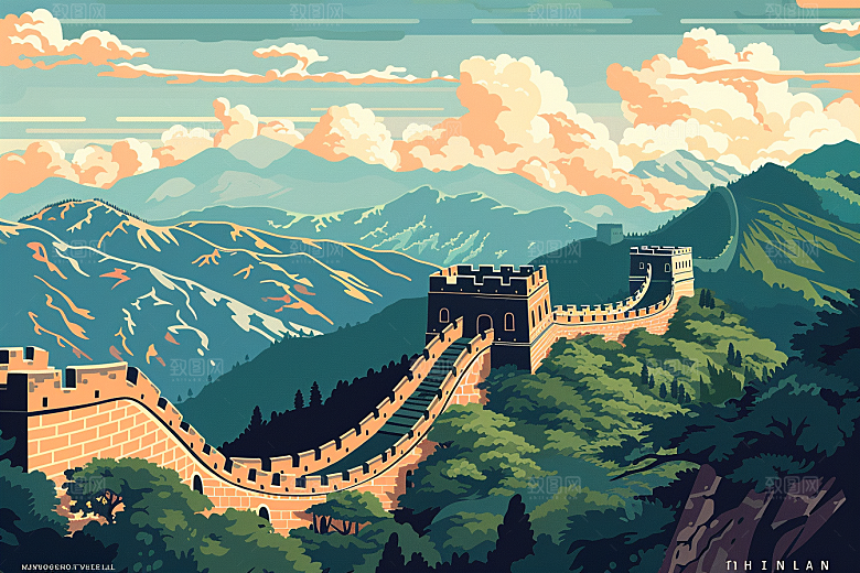 创意长城版画传统艺术插画
