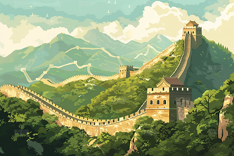 创意长城风景景点艺术插画