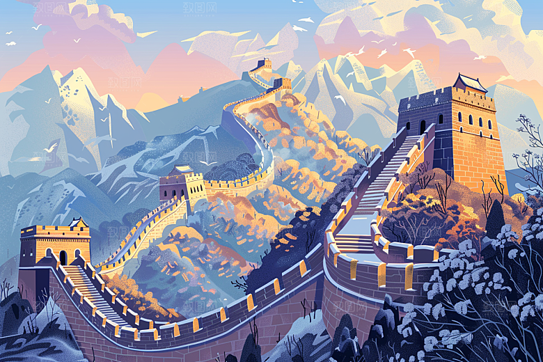 创意长城旅游版画艺术插画