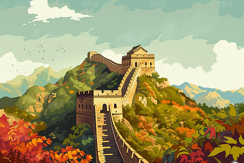 创意长城版画景点艺术插画