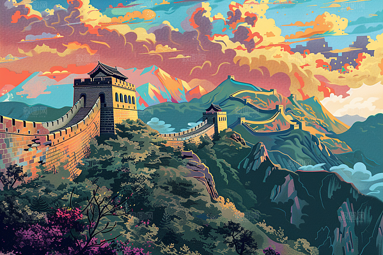 创意长城高清中式艺术插画