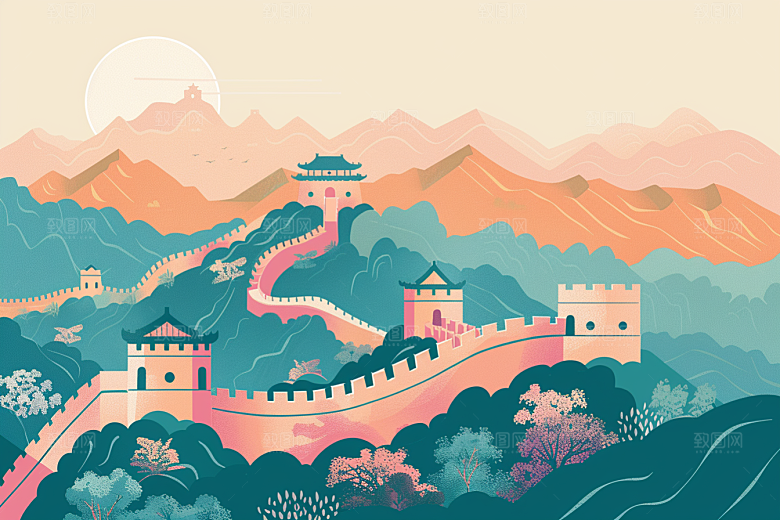 创意长城风光涂鸦风艺术插画