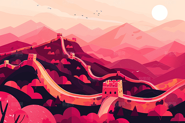 创意长城涂鸦风版画艺术插画