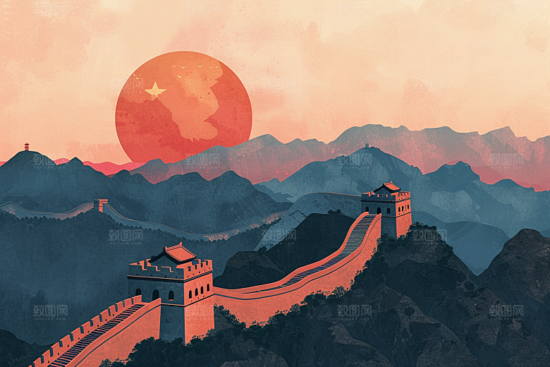 创意长城风景传统艺术插画