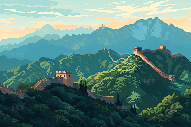 创意长城中式景点艺术插画