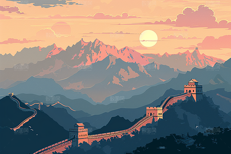 创意长城中式版画艺术插画