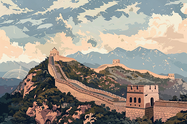 创意长城中式版画艺术插画