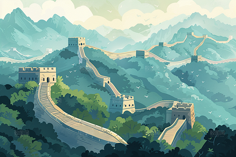 创意长城版画高清艺术插画