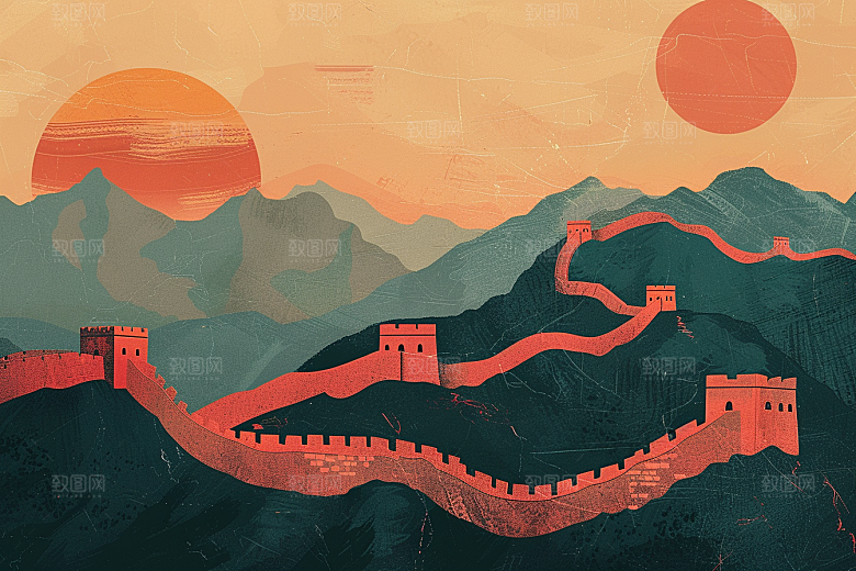 创意长城旅游景点艺术插画