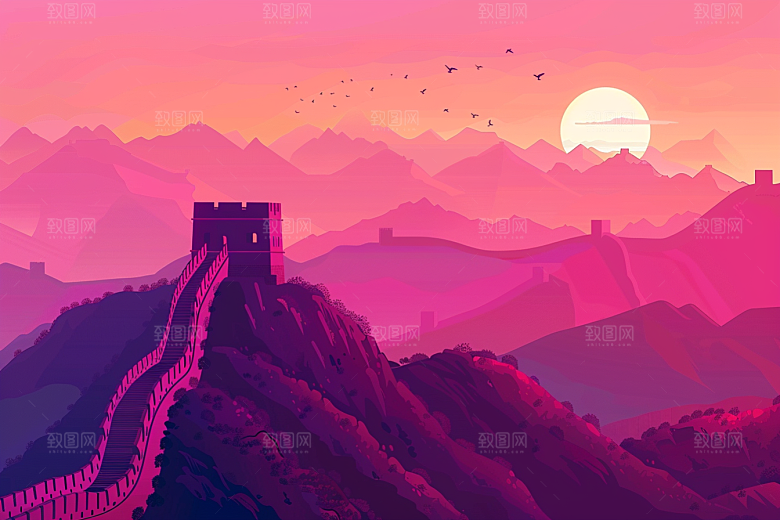 创意长城涂鸦风风景艺术插画