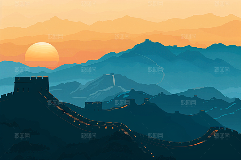 创意长城版画传统艺术插画