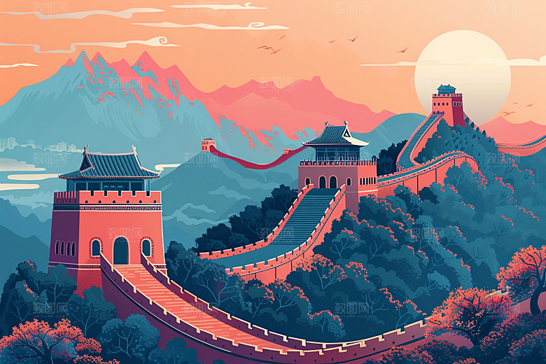 创意长城中国风版画艺术插画