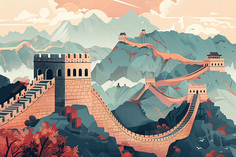 创意长城传统版画艺术插画