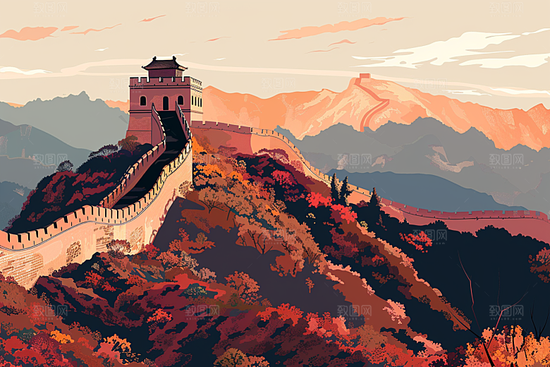 创意长城中式版画艺术插画