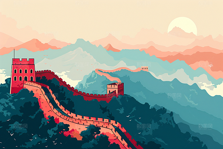 创意长城风景中式艺术插画