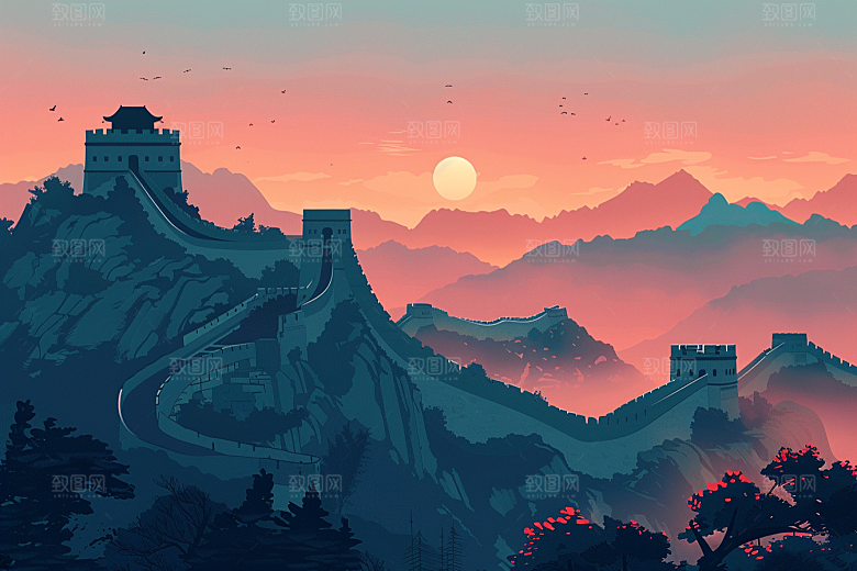 创意长城壮阔涂鸦风艺术插画