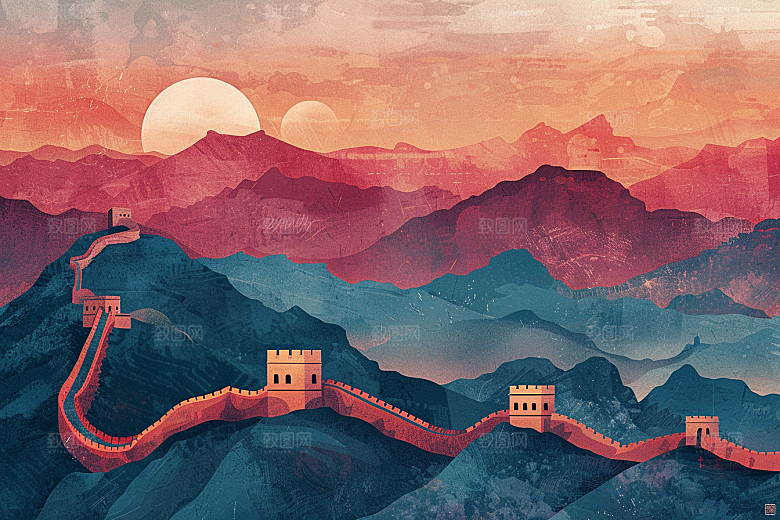 创意长城旅游壮阔艺术插画
