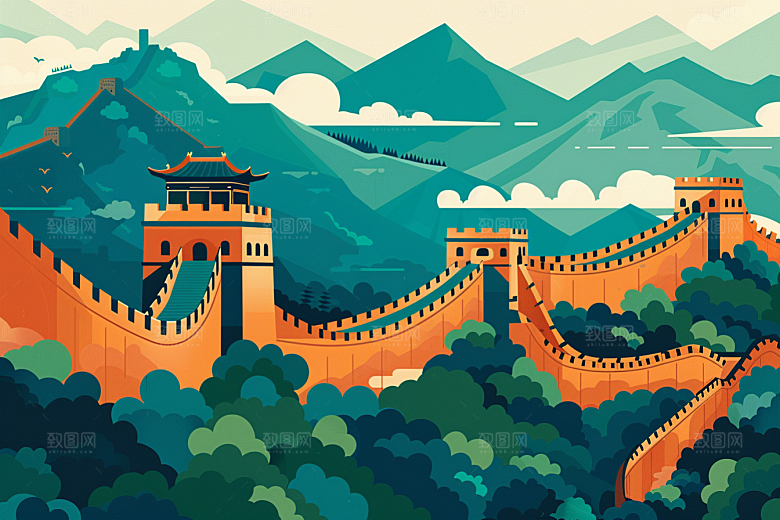 创意长城景点壮阔艺术插画