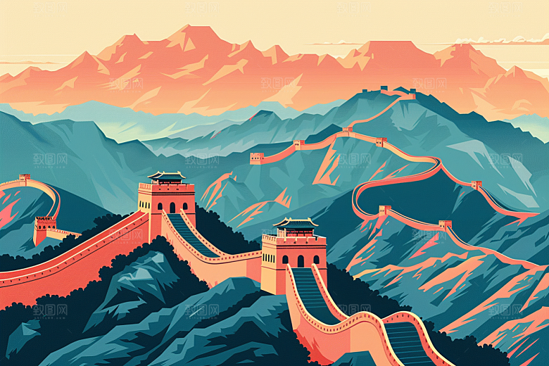 创意长城高清版画艺术插画