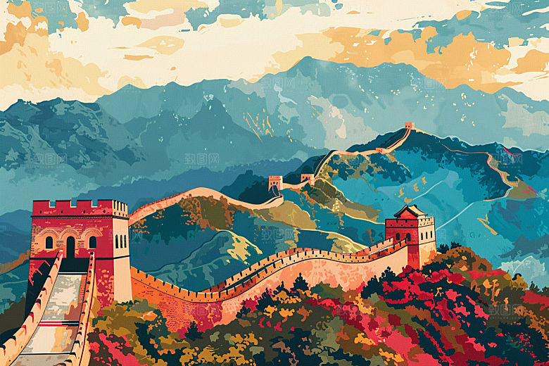 创意长城风景中式艺术插画