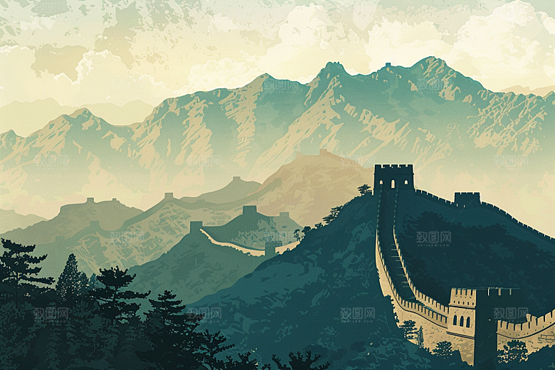 创意长城旅游高清艺术插画