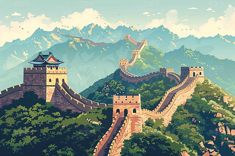 创意长城中国风版画艺术插画