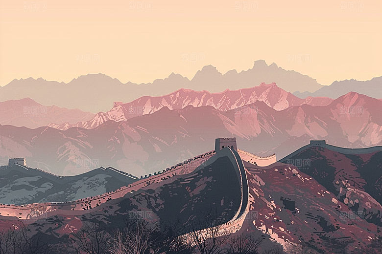 创意长城壮阔版画艺术插画