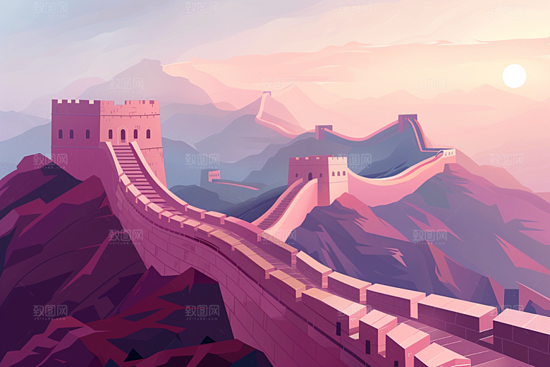 创意长城传统版画艺术插画
