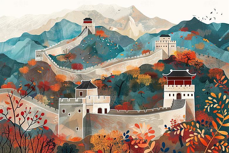 创意长城景点旅游艺术插画