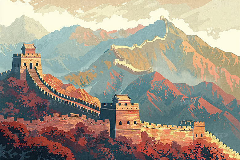 创意长城风景风光艺术插画