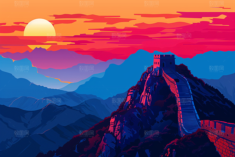 创意长城壮阔旅游艺术插画