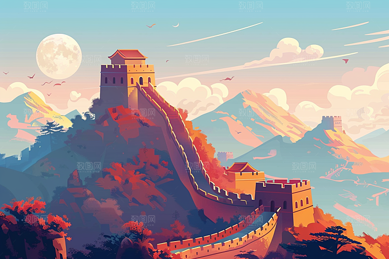 创意长城版画涂鸦风艺术插画