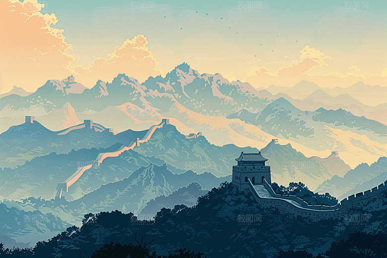 创意长城景点中国风艺术插画