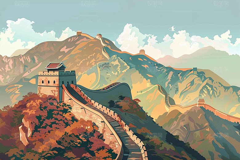 创意长城中式传统艺术插画