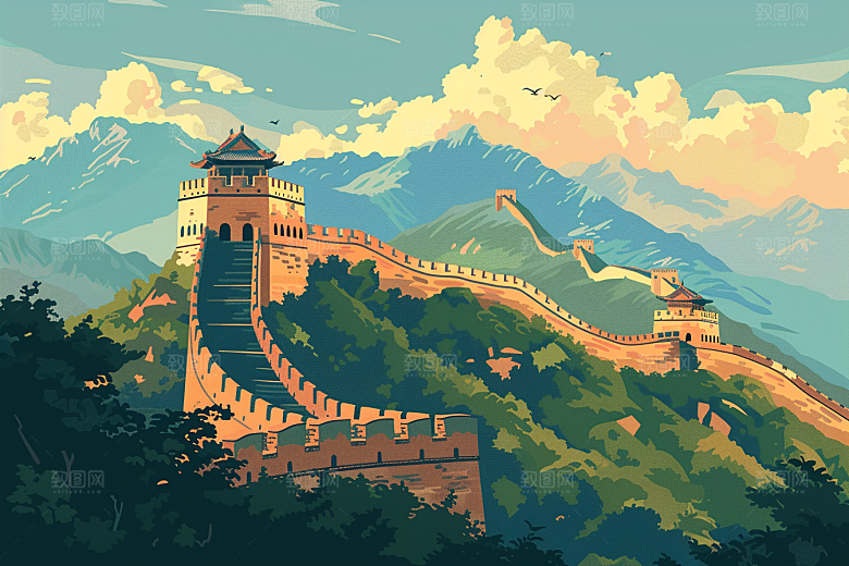 创意长城风景涂鸦风艺术插画