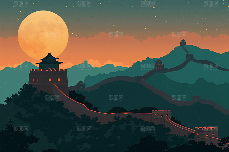 创意长城传统风光艺术插画