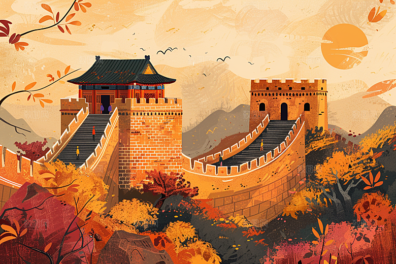 创意长城景点中国风艺术插画