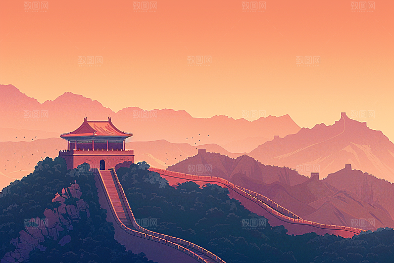 创意长城高清传统艺术插画