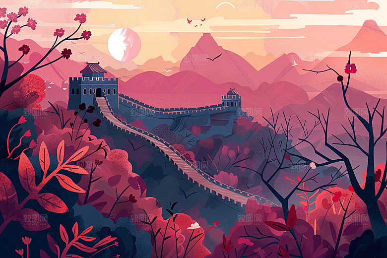 创意长城高清中式艺术插画